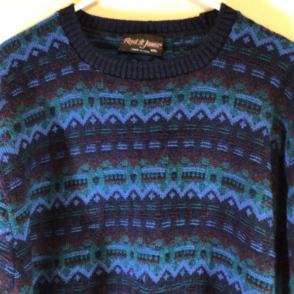 Vintage Reed St. James XXL Sweater Blue Geometric Fair Isle Knit Retro Winter - Picture 3 of 7